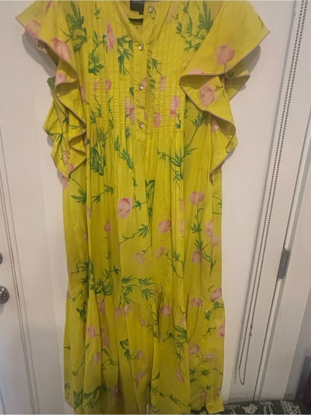 Cynthia Rowley Lemon Yellow Floral Maxi Dress with Pink Accents